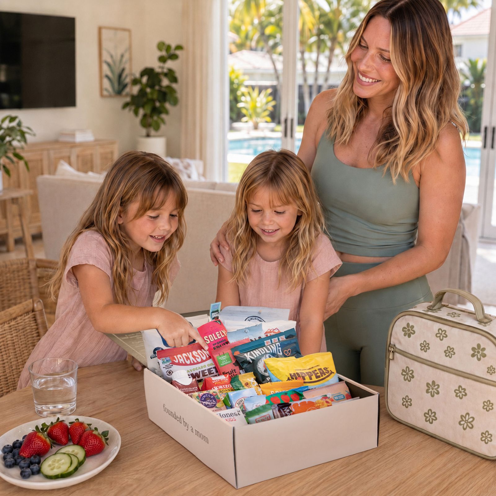 Family preparing a variety of school snacks together