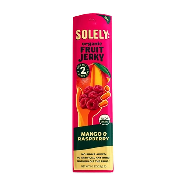Solely organic fruit jerky, mango and raspberry