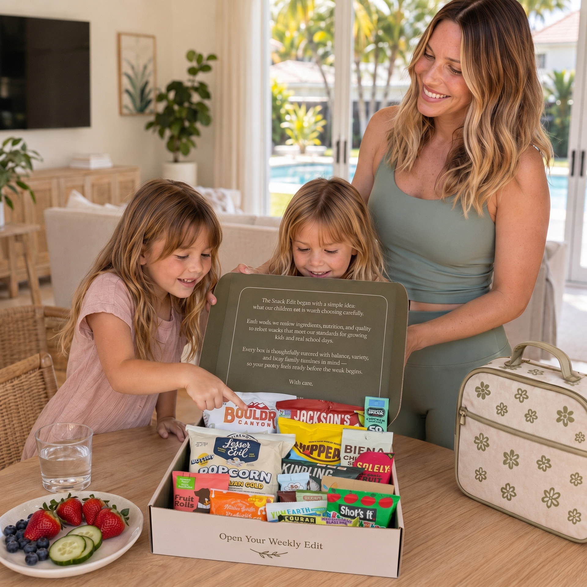Family preparing school snacks from an open The Snack Edit box