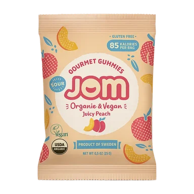 JOM organic sour gummies, juicy peach
